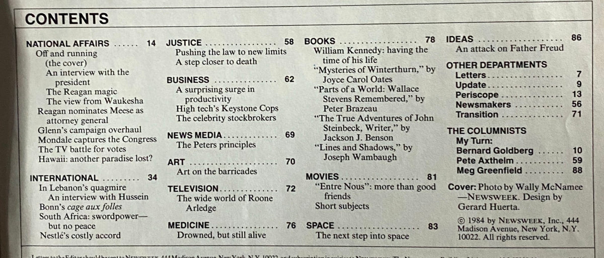 Contents page of Newsweek Magazine February 6 1984, detailing articles related to national affairs, business, justice, and the media, featuring a focus on Ronald Reagan and key issues from that era.
