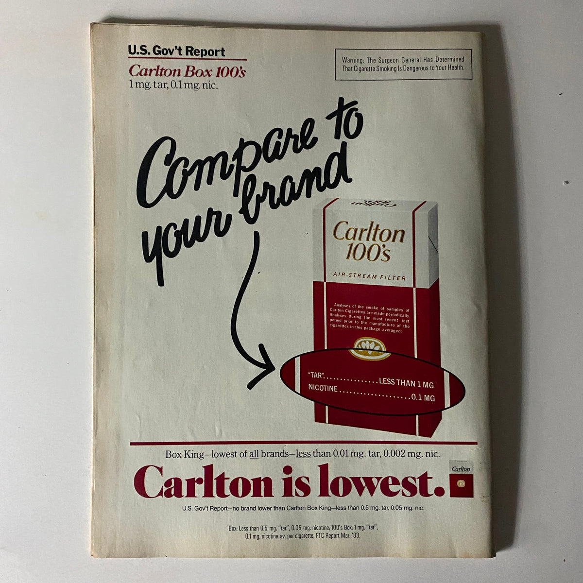 Back cover of Newsweek Magazine February 6 1984, featuring an advertisement for Carlton 100s cigarettes with a health warning and a comparison to other brands.