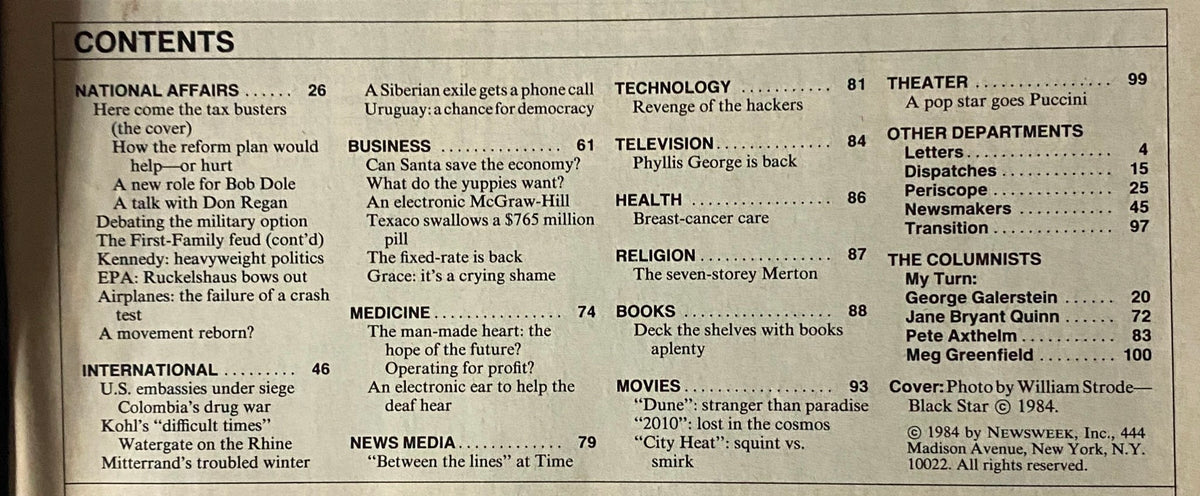 Table of contents from Newsweek Magazine, December 10, 1984, listing featured articles on national affairs, business, medicine, and more.