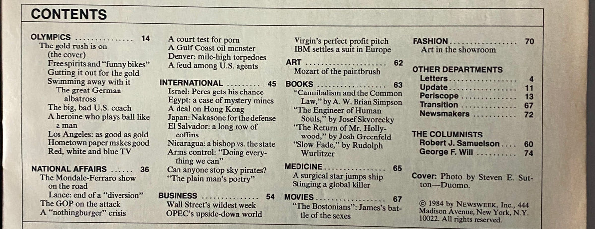 Content page from Newsweek Magazine August 13, 1984 displaying article titles related to the Olympics and national affairs including 'The gold rush is on'.