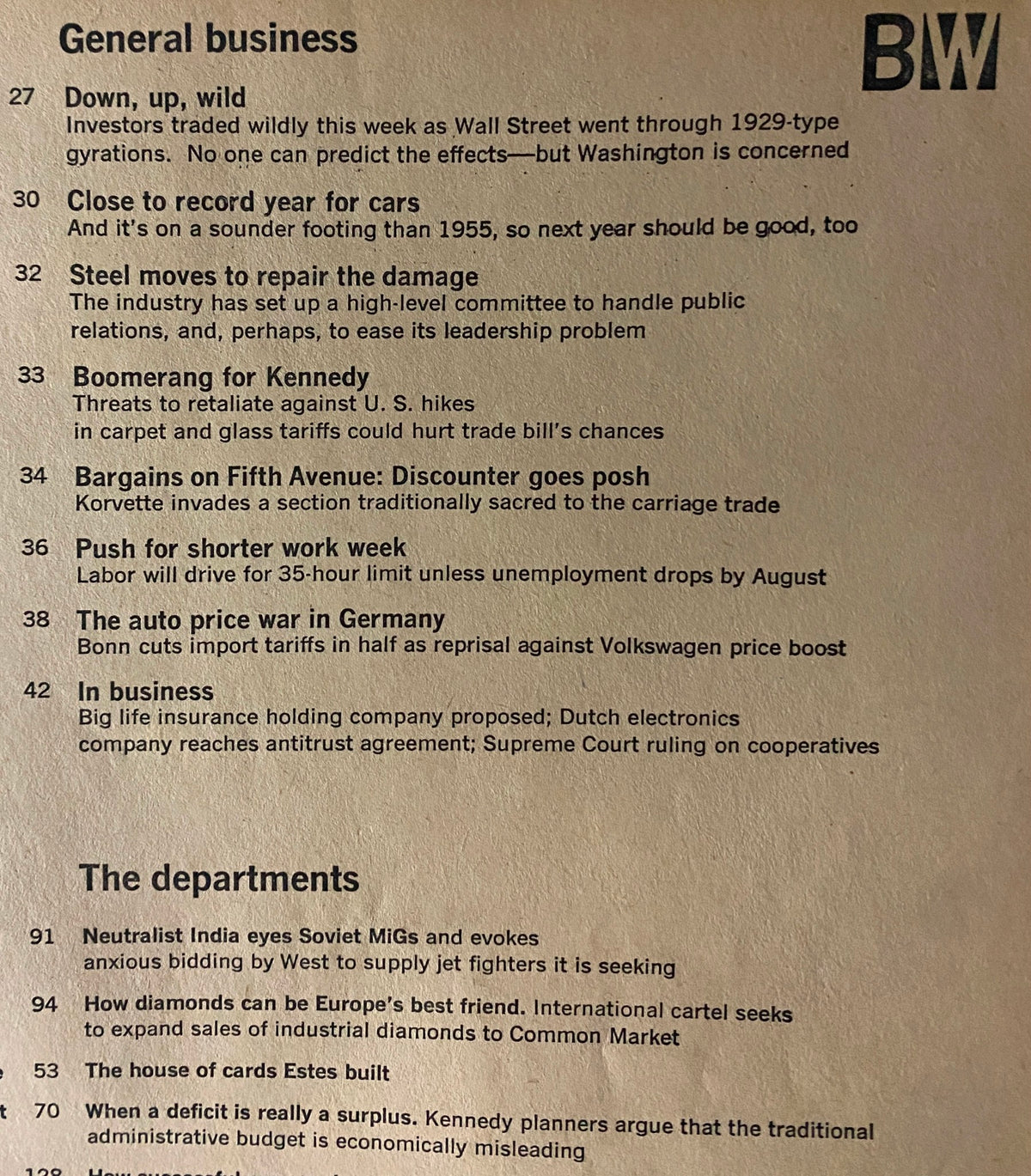Contents page of Business Week Magazine June 2, 1962, highlighting key business topics including economic themes and market analysis.