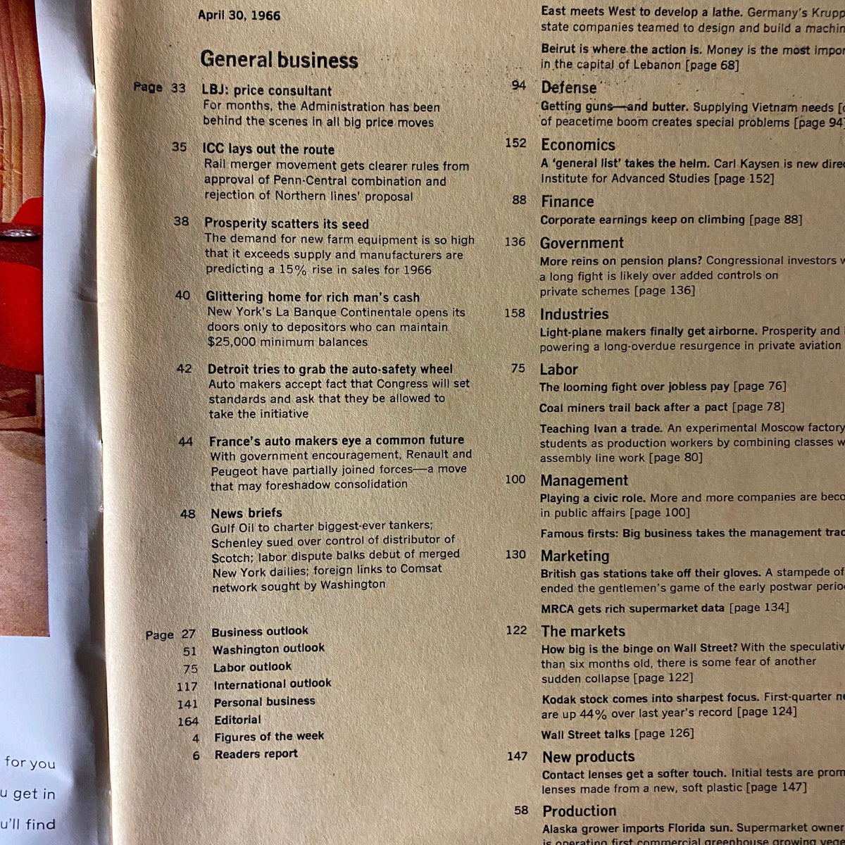 Table of contents from Business Week Magazine April 30 1966 highlighting key articles such as economic policies, auto safety, and farm equipment demand.