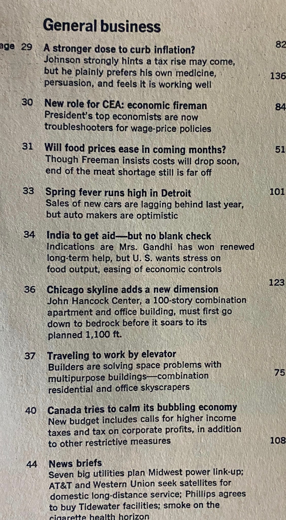 Table of contents from Business Week Magazine April 2 1966 detailing articles on economic issues, inflation control, and industry news.