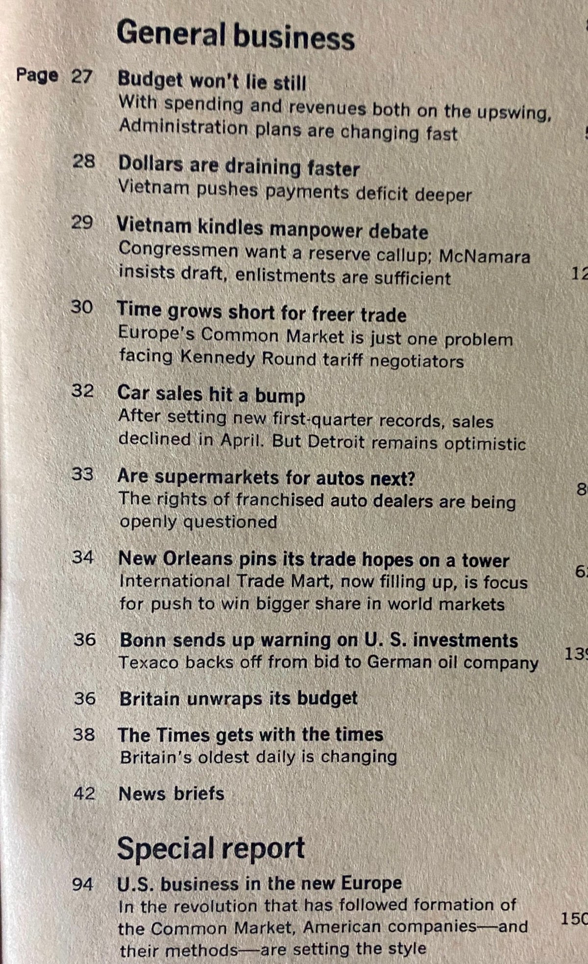Table of contents from Business Week Magazine May 7, 1966, detailing sections on general business topics including the impact of Vietnam on U.S. economic policies.