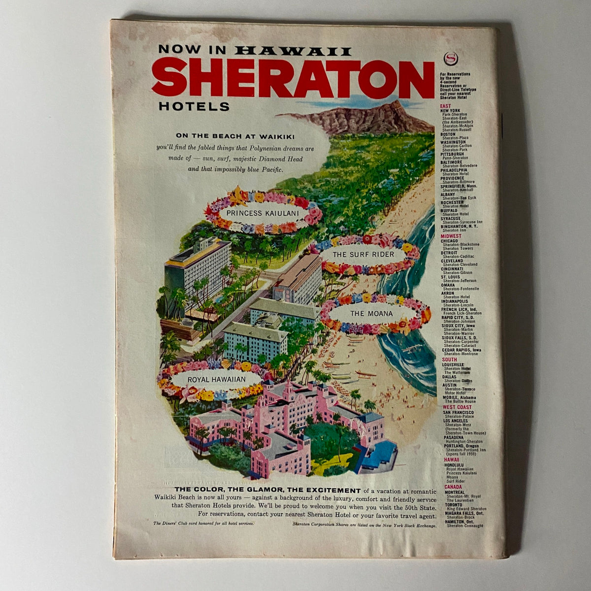 Time Magazine July 27 1959 Vol 74 No. 4 back cover showcasing an advertisement for Sheraton Hotels in Hawaii, highlighting various hotels and the scenic landscape of Waikiki.