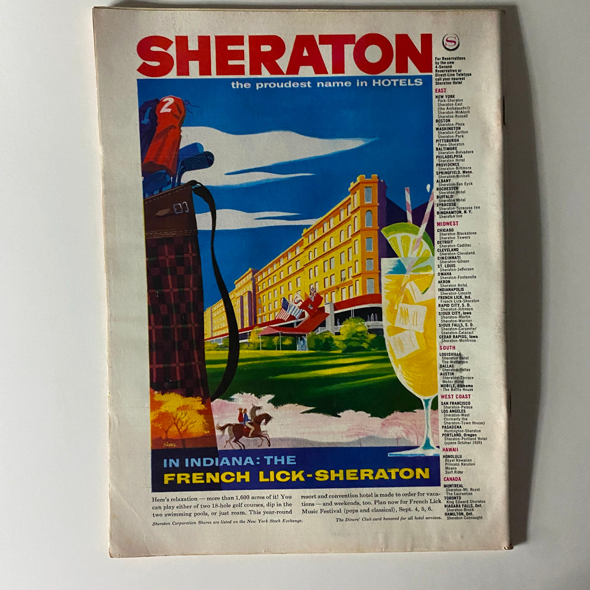 Vintage advertisement from a 1959 magazine showcasing Sheraton Hotels, featuring a colorful illustration of the French Lick-Sheraton resort in Indiana. The ad highlights leisure activities available, including golf and swimming, alongside the striking architecture of the hotel, resonating with the nostalgic charm of the late 1950s.