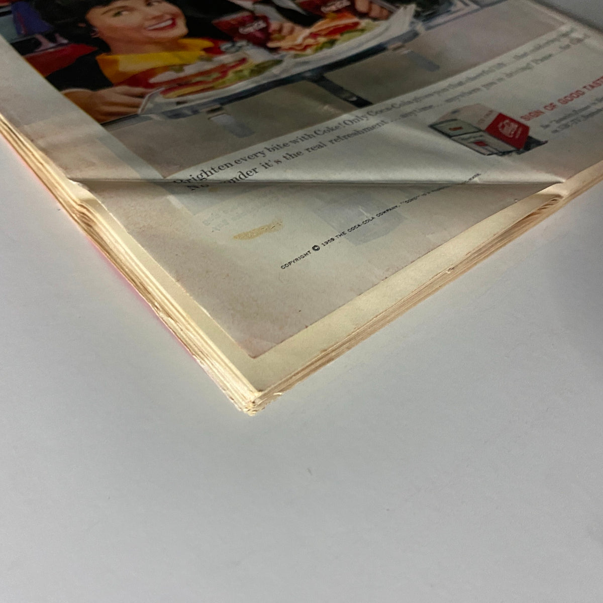 Side view of the pages in Time Magazine September 14, 1959, Vol 74 No. 11, highlighting the age-related wear and tear, but overall good condition, indicating its vintage value.