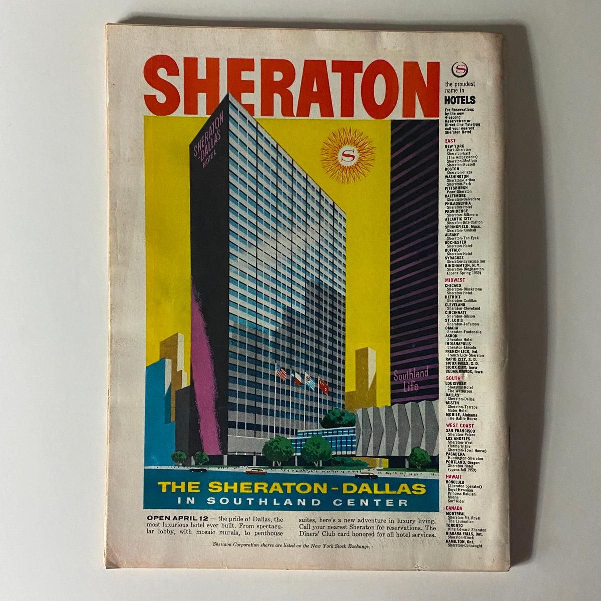 Cover of Time Magazine April 13 1959 featuring Iraq's Premier Kassem alongside an advertisement for The Sheraton-Dallas hotel, showcasing vibrant graphics and historical significance.