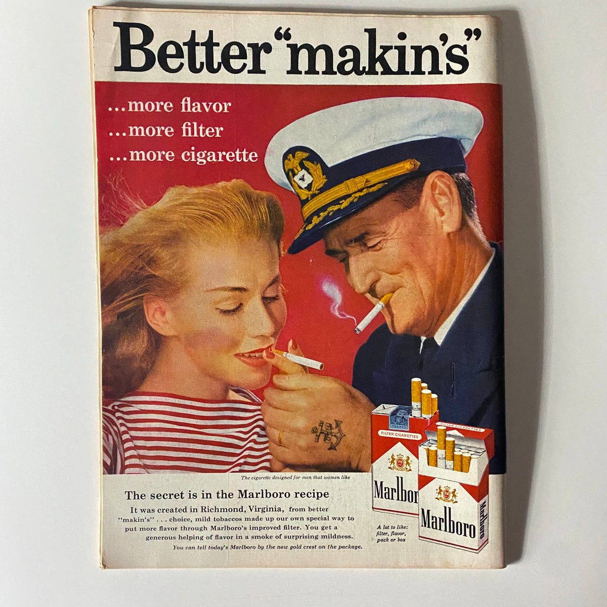 Vintage advertisement from the late 1950s for Marlboro cigarettes, highlighting the phrase 'Better makins', depicting a couple enjoying a moment while smoking.