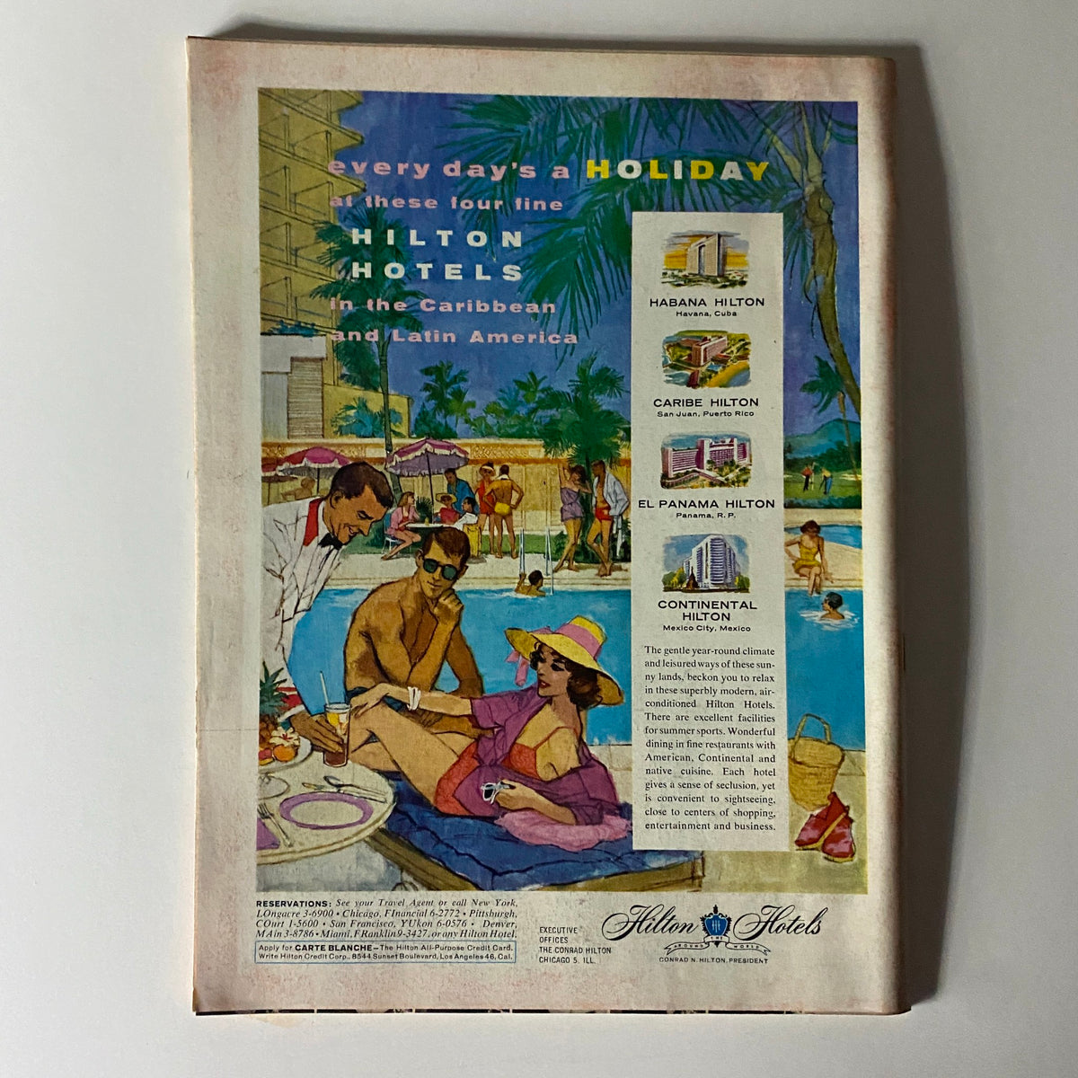 Vintage advertisement for Hilton Hotels featured in Time Magazine May 18 1959 Vol 73 No. 20, showcasing Caribbean and Latin America destinations with a luxurious poolside scene.