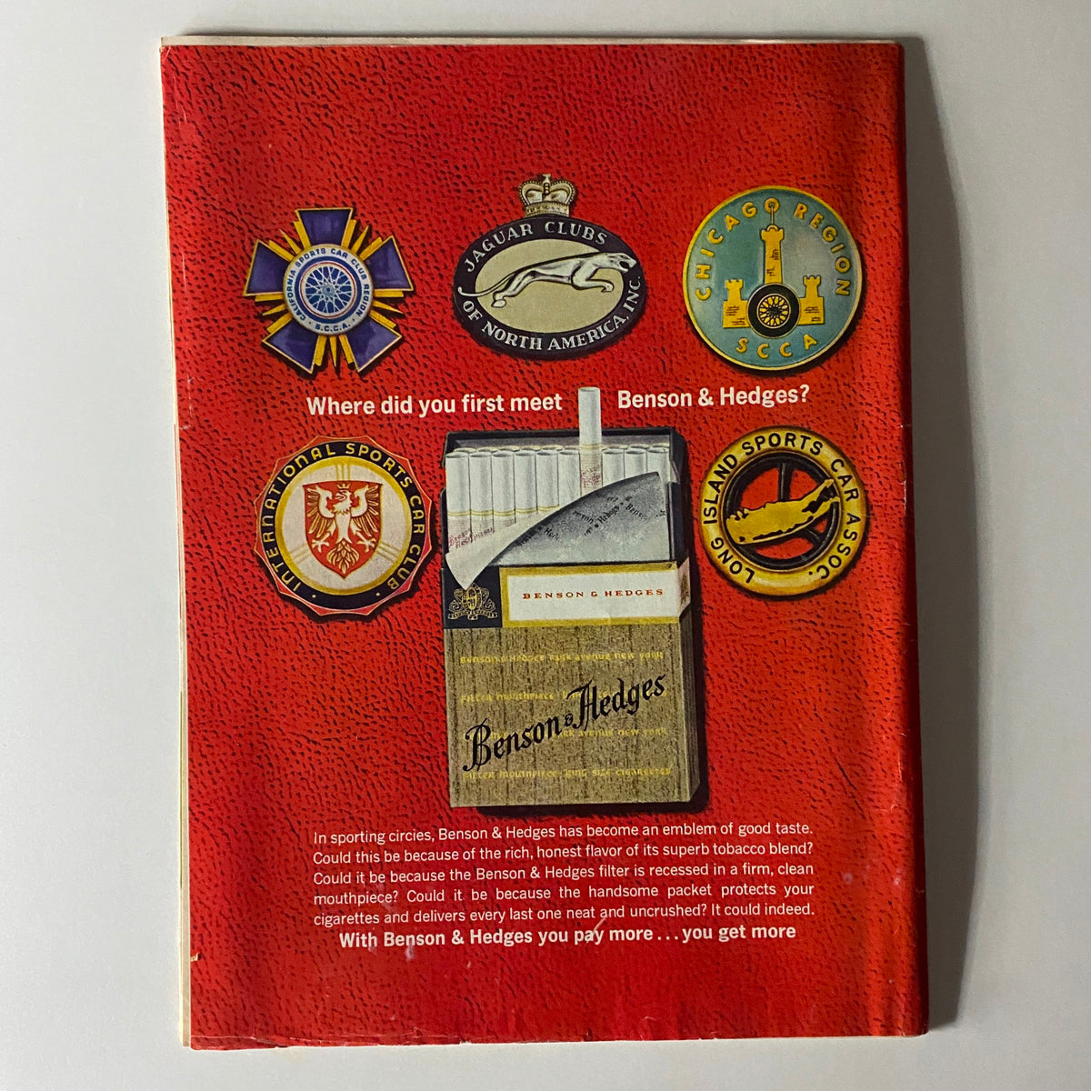 Back cover of Time Magazine August 2, 1963, Vol 82 No. 5, featuring promotional content for Benson & Hedges cigarettes with various car club badges.
