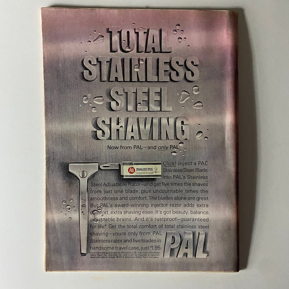 Back cover advertisement from Time Magazine December 20, 1963 featuring PAL stainless steel shaving products, promoting their adjustable razor and shaving blades.