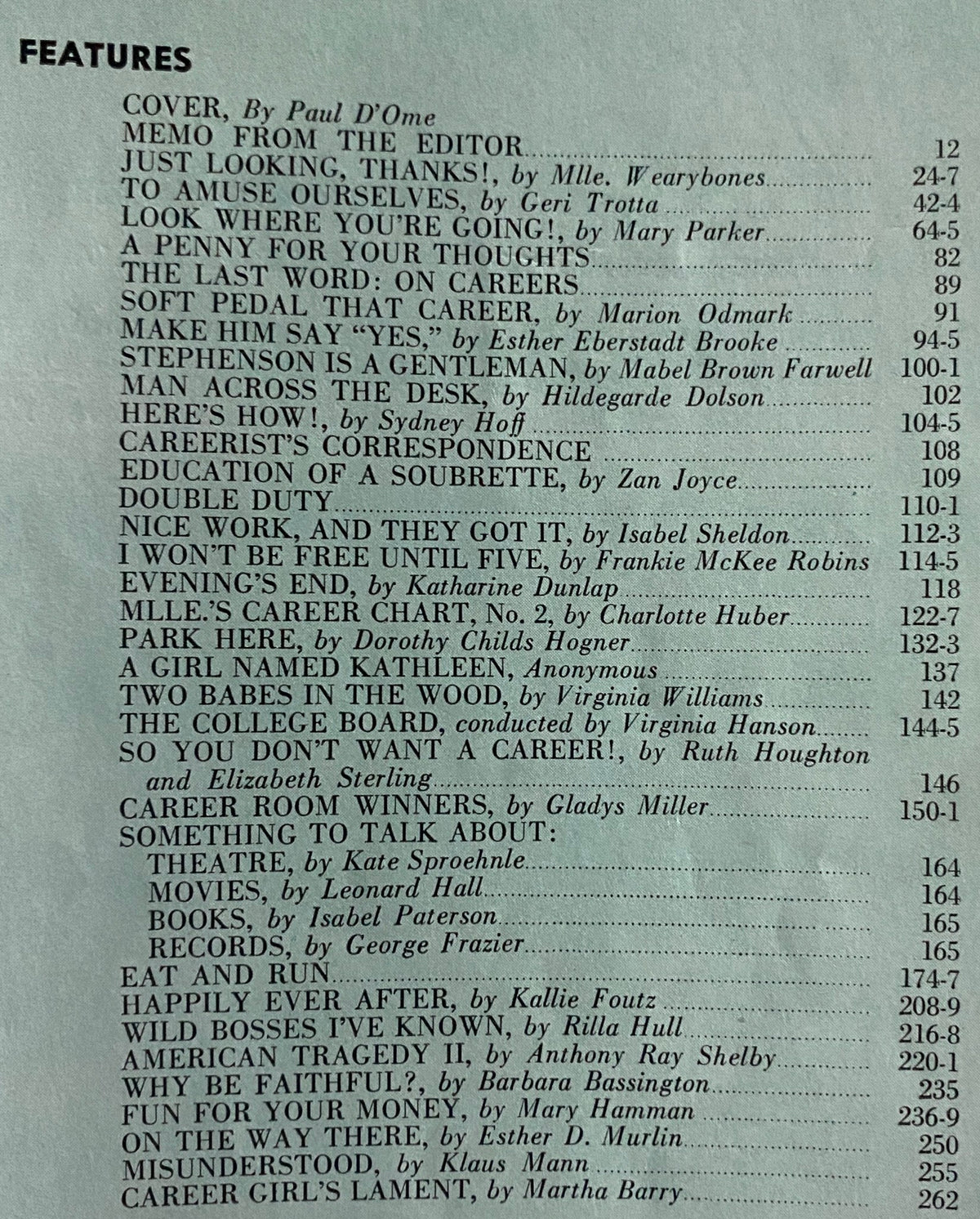 Table of contents page from Mademoiselle Magazine May 1940 listing various articles related to women's careers and travel.