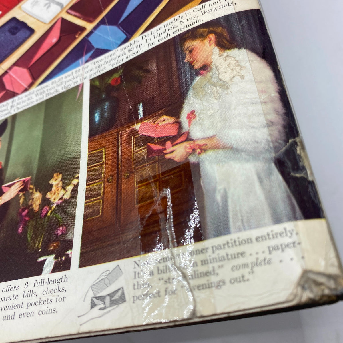 Close-up view of a vintage magazine page featuring bridal fashion and accessories from Mademoiselle Magazine April 1940, showcasing pink and burgundy themed items with a woman in an elegant shawl. Perfect for vintage fashion enthusiasts.