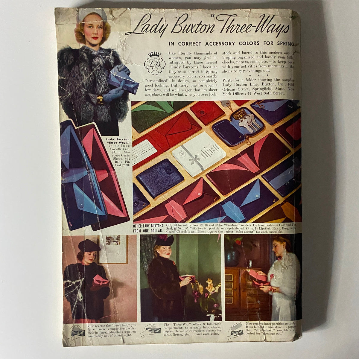 The back cover of Mademoiselle Magazine April 1940 displaying Lady Buxton accessory colors for spring, with illustrations of handbags and women modeling elegant outfits, emphasizing vintage fashion styles.