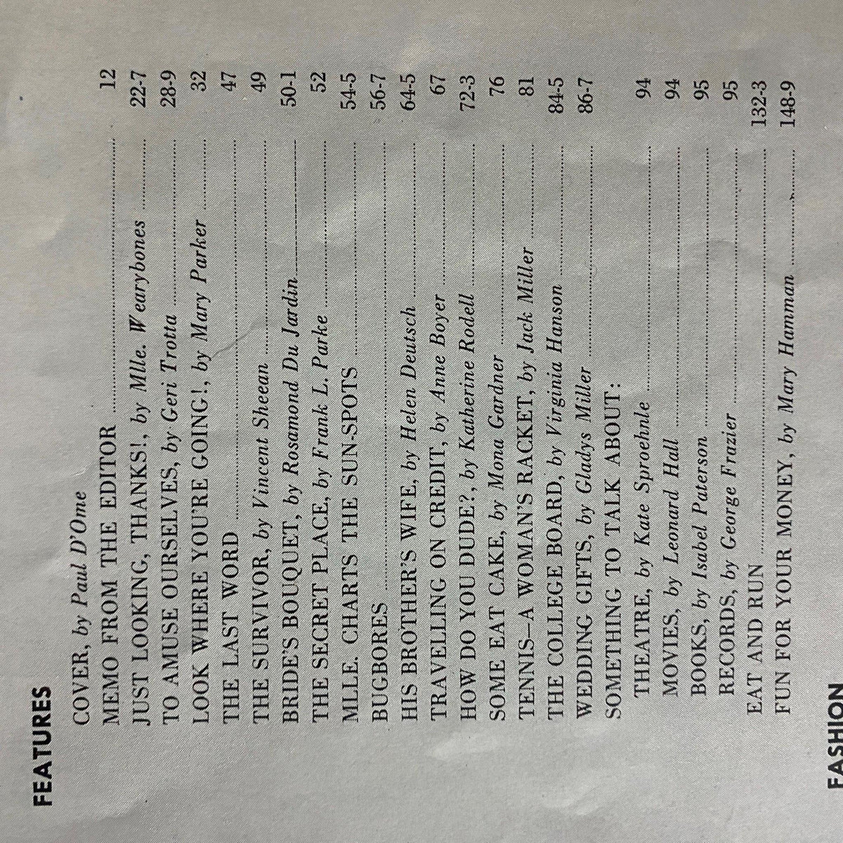 Table of contents from the Mademoiselle Magazine June 1940 Vacation Special, featuring various articles and sections including features on travel, culture, and fashion.