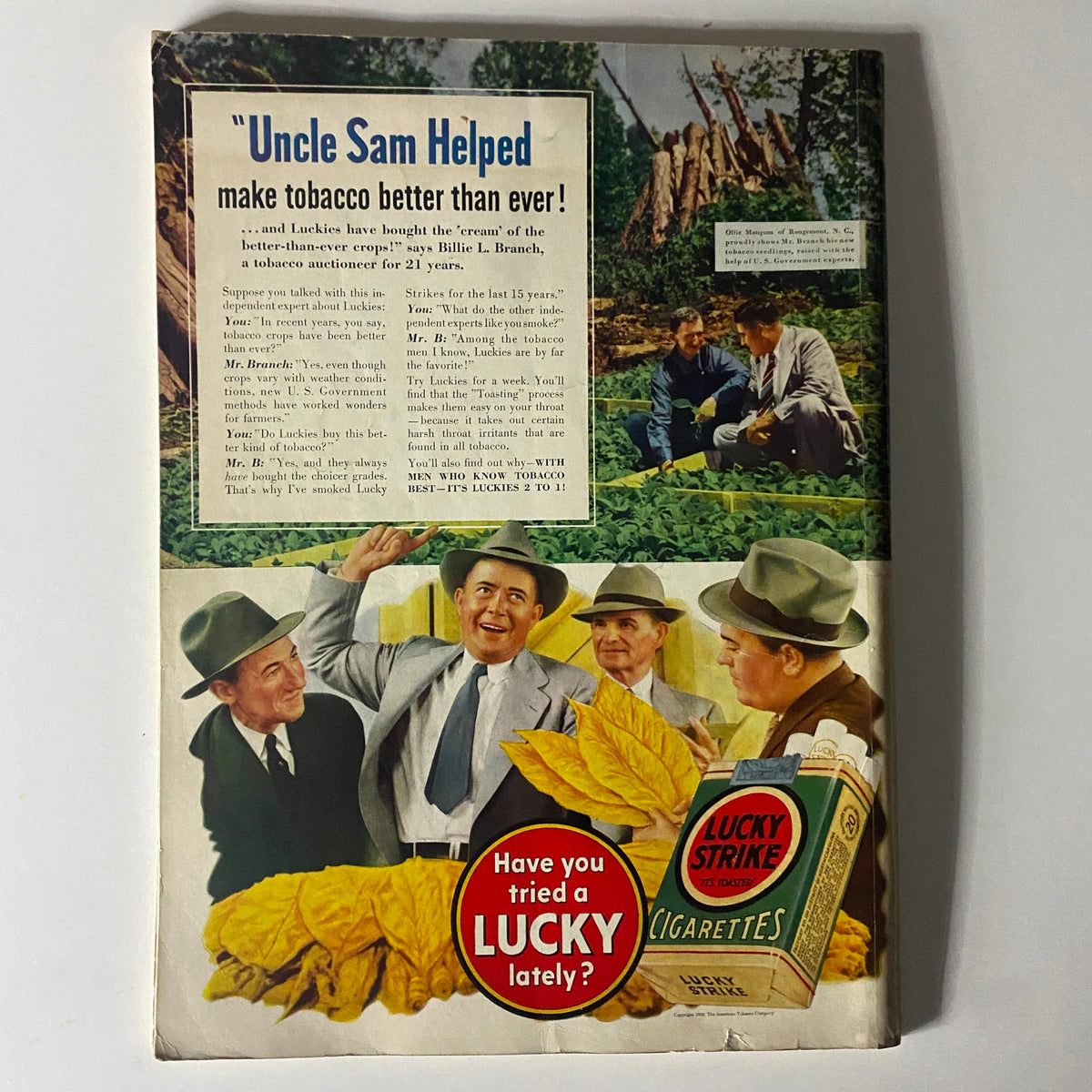 Mademoiselle Magazine January 1940 showcasing an advertisement for Lucky Strike cigarettes, illustrating mid-20th century marketing and American tobacco culture.