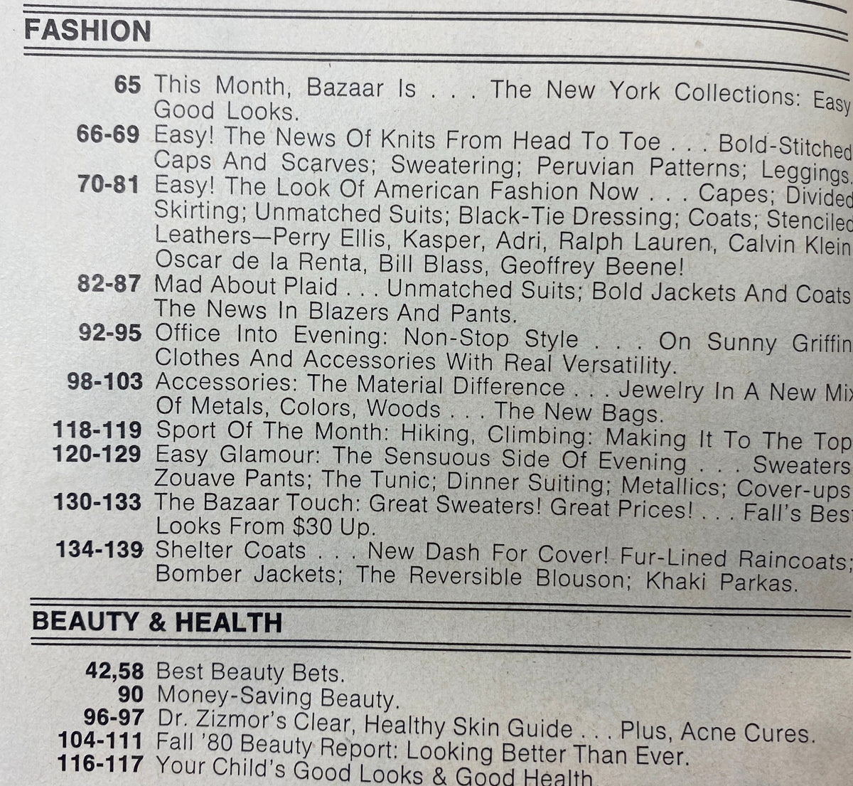Inside contents page of Harper's Bazaar Magazine August 1980, detailing fashion sections and articles focused on the New York Collections and beauty.