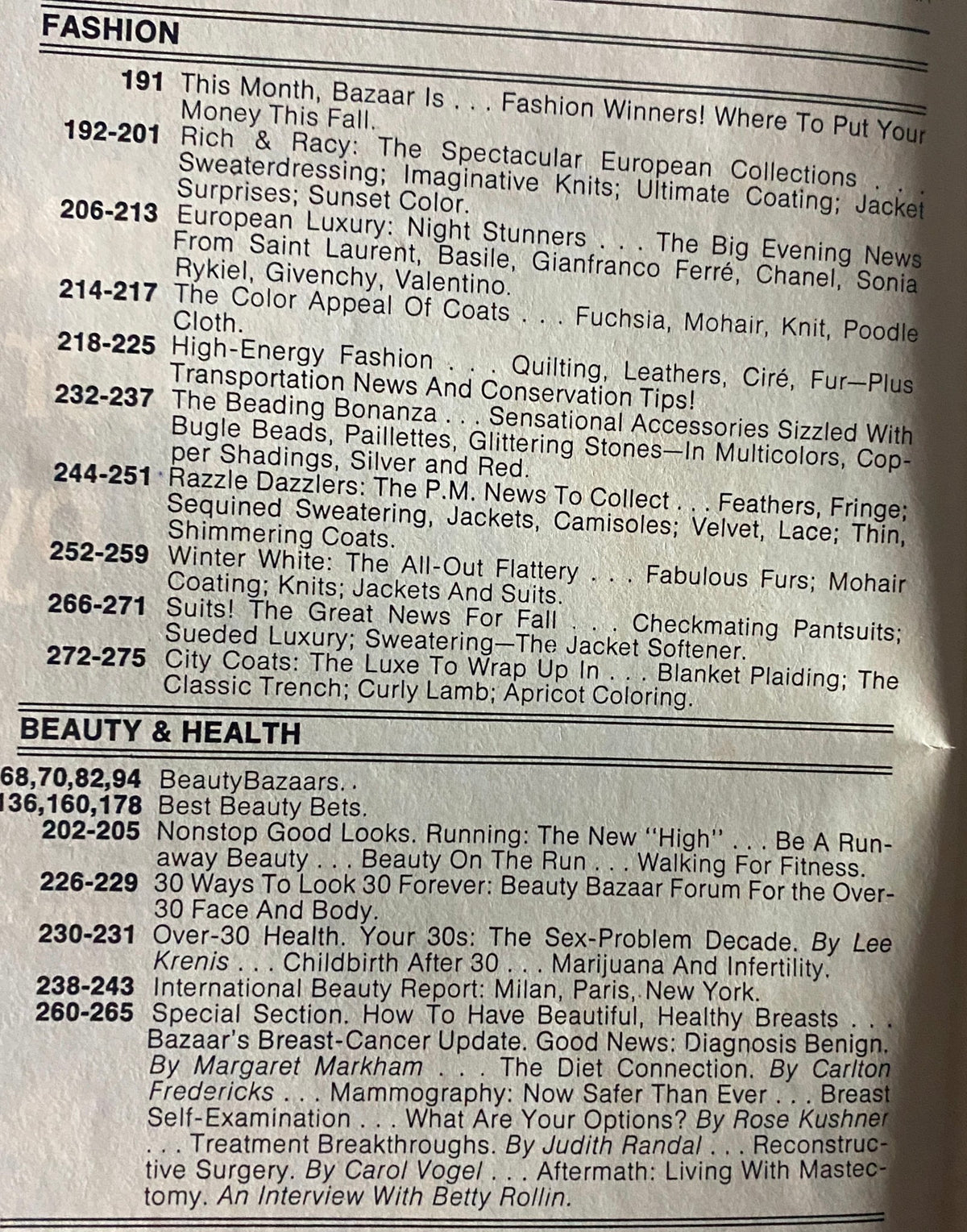 Table of contents from Harper's Bazaar September 1979 detailing articles on fashion and beauty, featuring sections like 'Fashion Winners!' and 'Best Beauty Bets'.