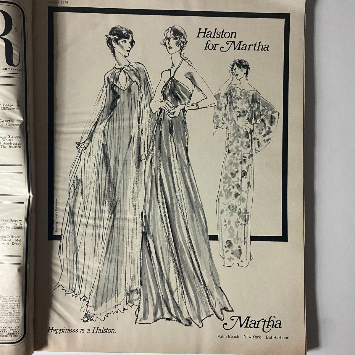 Fashion illustration from Harper's Bazaar Magazine January 1974 presenting Halston designs for Martha, highlighting vintage fashion styles.