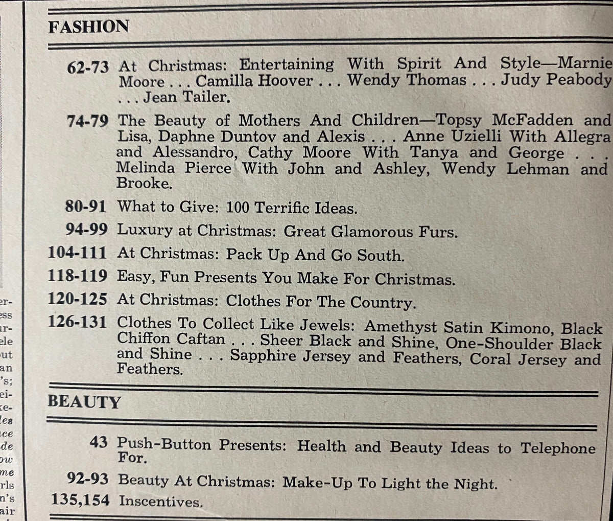 Table of contents from Harper's Bazaar Magazine December 1973, listing articles on fashion, beauty, and holiday inspirations.
