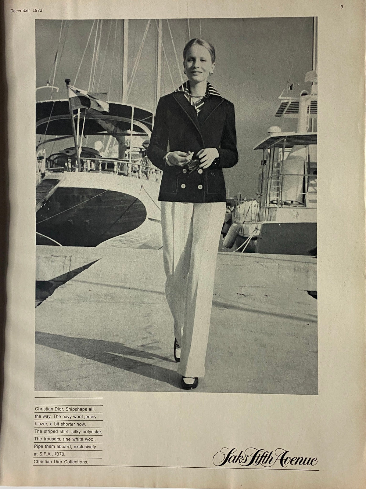 Fashion spread from Harper's Bazaar Magazine December 1973 featuring a model in a Christian Dior outfit, highlighting winter styles aboard a yacht.