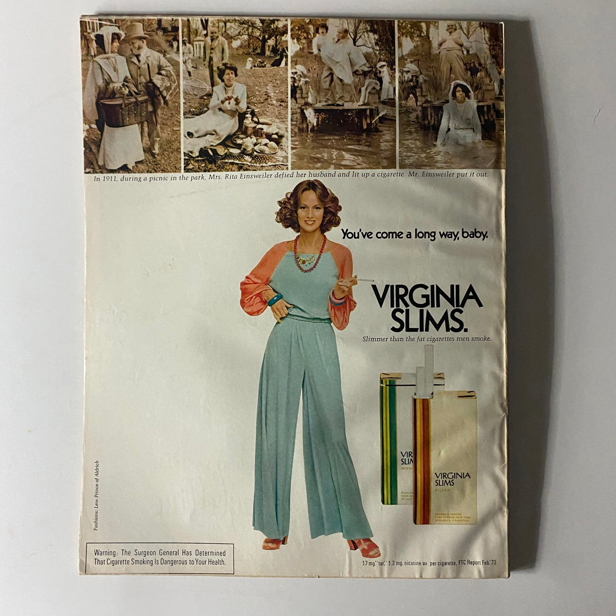 Back cover of Harper's Bazaar Magazine October 1973 featuring a vintage advertisement for Virginia Slims cigarettes, reflecting advertising trends of the decade.