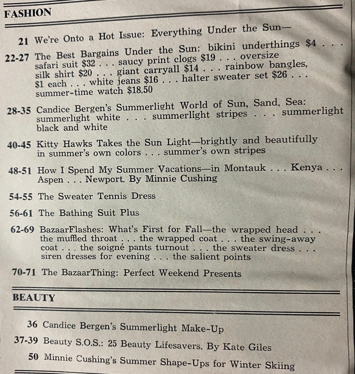 Contents page of Harper's Bazaar Magazine July 1973 listing articles on summer fashion and beauty tips from notable contributors.
