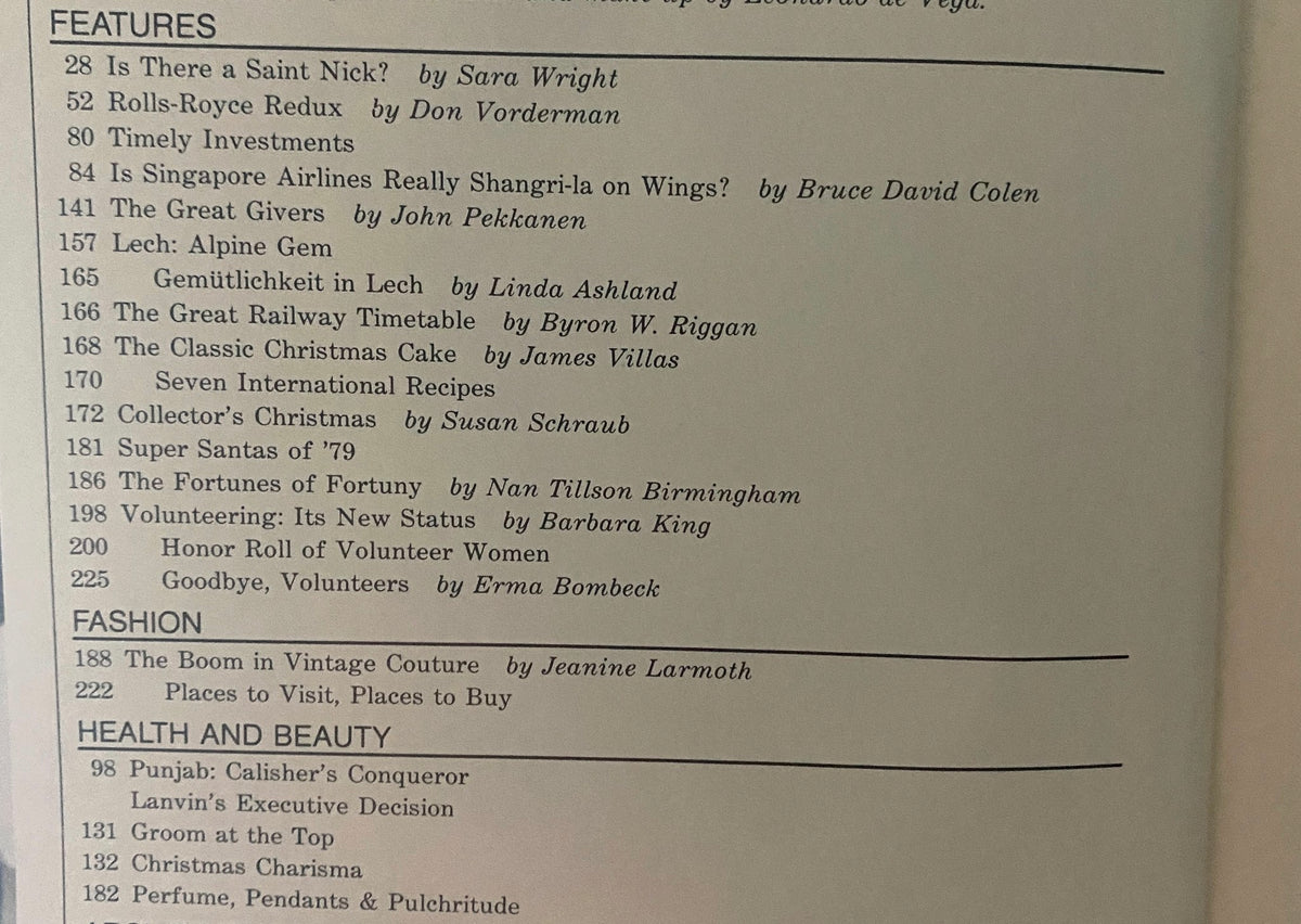 Contents page from Town & Country Magazine December 1979, listing features and articles reflecting holiday themes and vintage fashion.