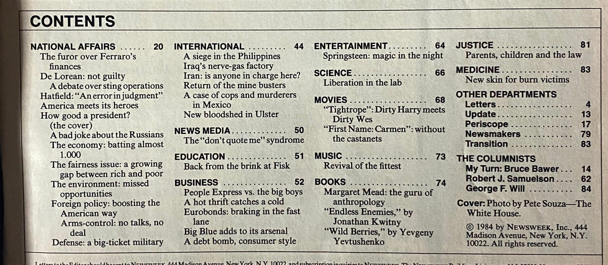 Contents page of Newsweek Magazine from August 27, 1984, discussing national affairs, international issues, news media, entertainment, and columns. Featured title: Newsweek Magazine August 27 1984 Ronald Reagan Cover.