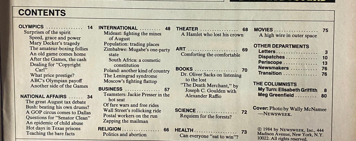 Contents page of Newsweek Magazine, August 20, 1984, listing articles including 'Surprises of the spirit' and 'The great August tax debate' related to Olympic events and national affairs.