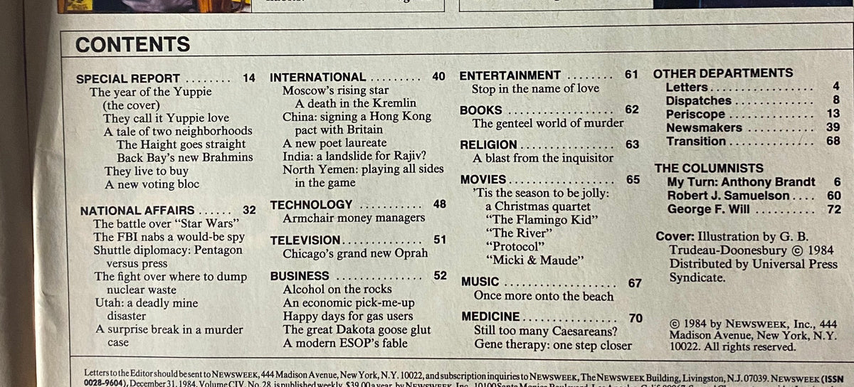 Contents page of Newsweek Magazine from December 31, 1984, showcasing articles and special reports including 'The Year of the Yuppie'.