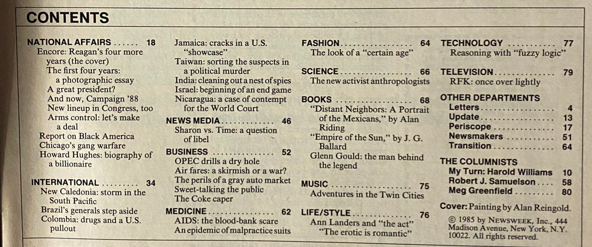 Contents page of Newsweek Magazine January 28, 1985 outlining featured articles including 'Encore: Reagan's Four More Years' and various national and international affairs.