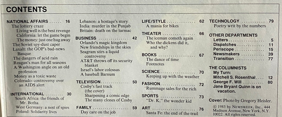 Contents page of Newsweek Magazine September 2 1985 featuring articles on national affairs, business, television, and more, highlighting cultural discussions of the mid-1980s.