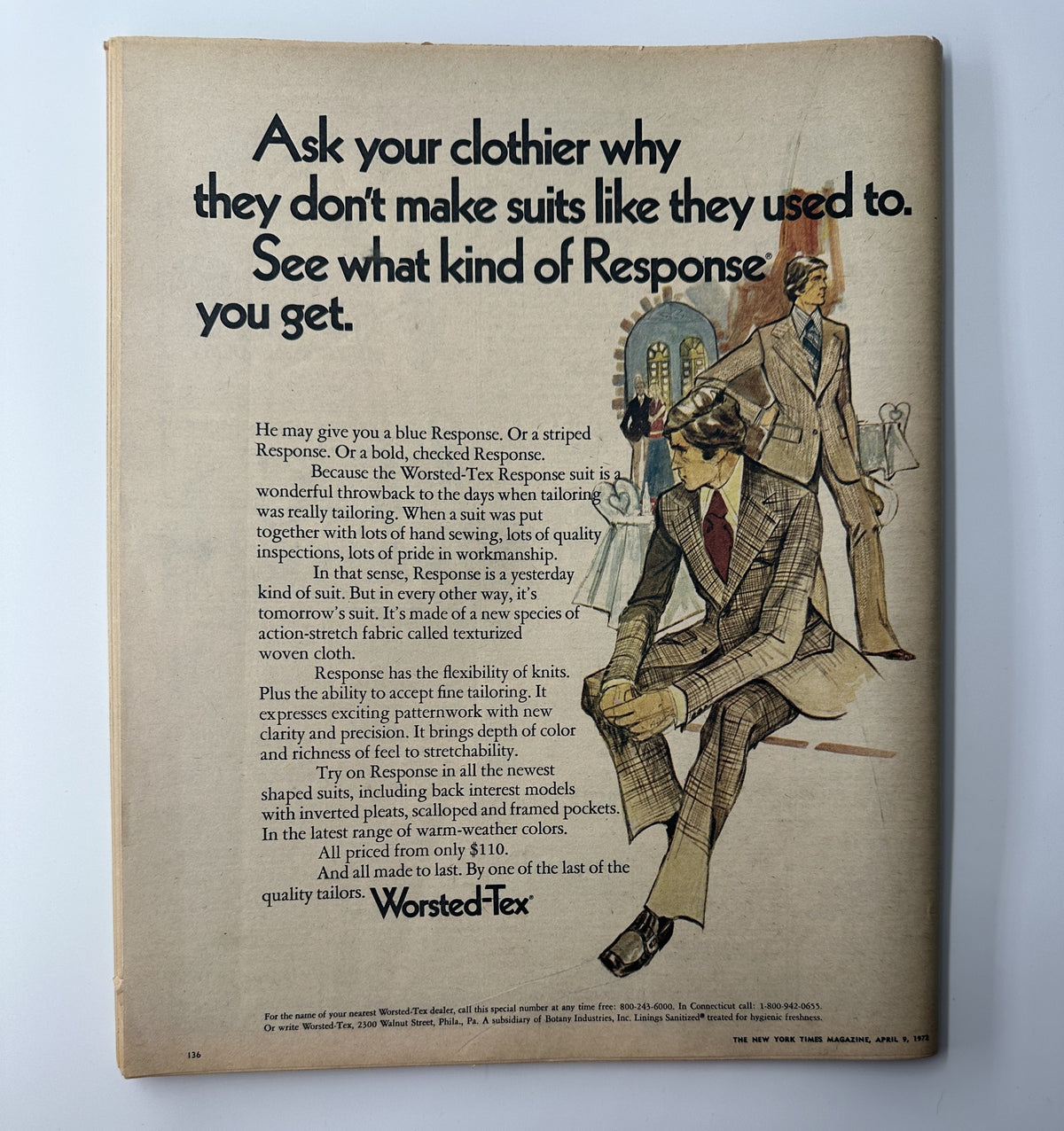 Back cover of The New York Times Magazine, April 9, 1972, featuring an advertisement for WorstetTex suits, highlighting quality and style in men's clothing.