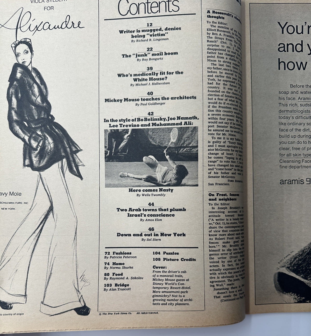 The contents page of The New York Times Magazine from October 22, 1972, listing articles including 'Mickey Mouse teaches the architects' among others.
