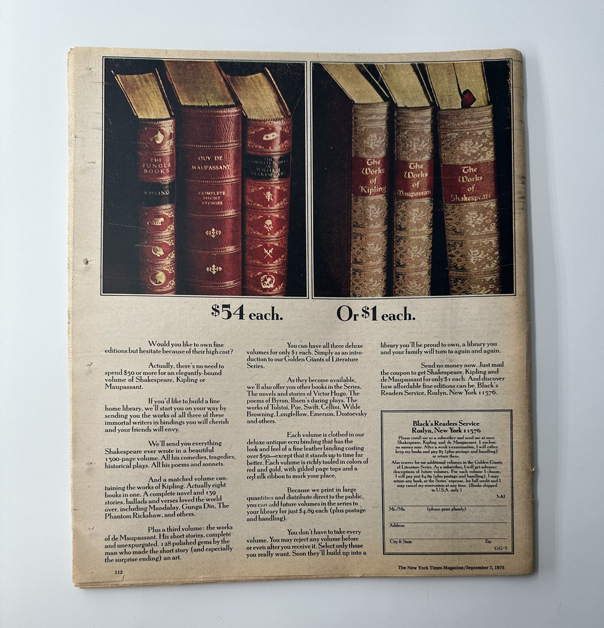 Back cover of The New York Times Magazine from September 7, 1975, showcasing a classic appeal to literature and book offers.