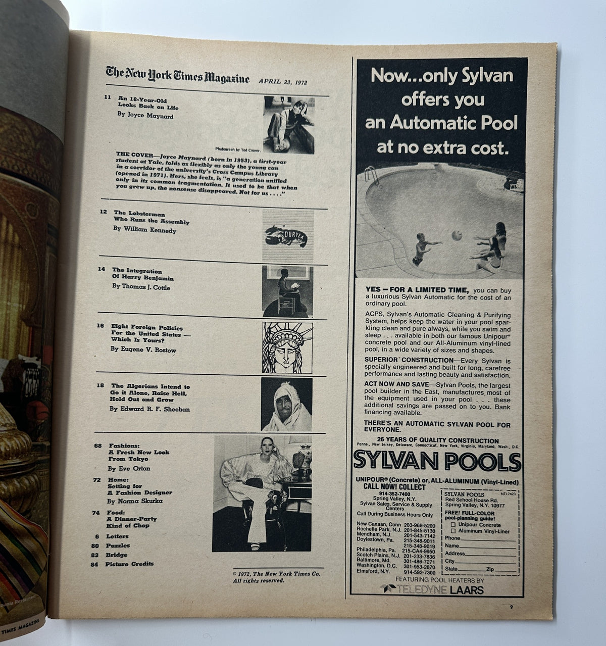 Inside page of The New York Times Magazine April 23, 1972, displaying the Table of Contents alongside images and article titles, including 'The Cover' by Joyce Maynard.