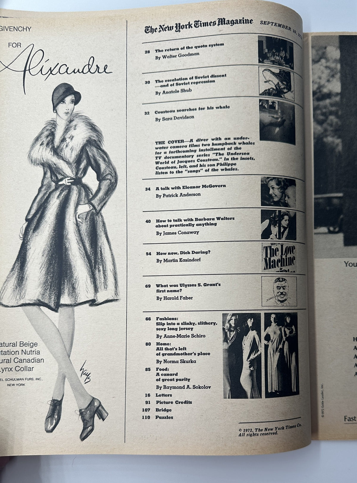 Inside page of The New York Times Magazine, September 10, 1972, featuring a fashion section with an illustration of a model, along with articles listed in the Table of Contents.