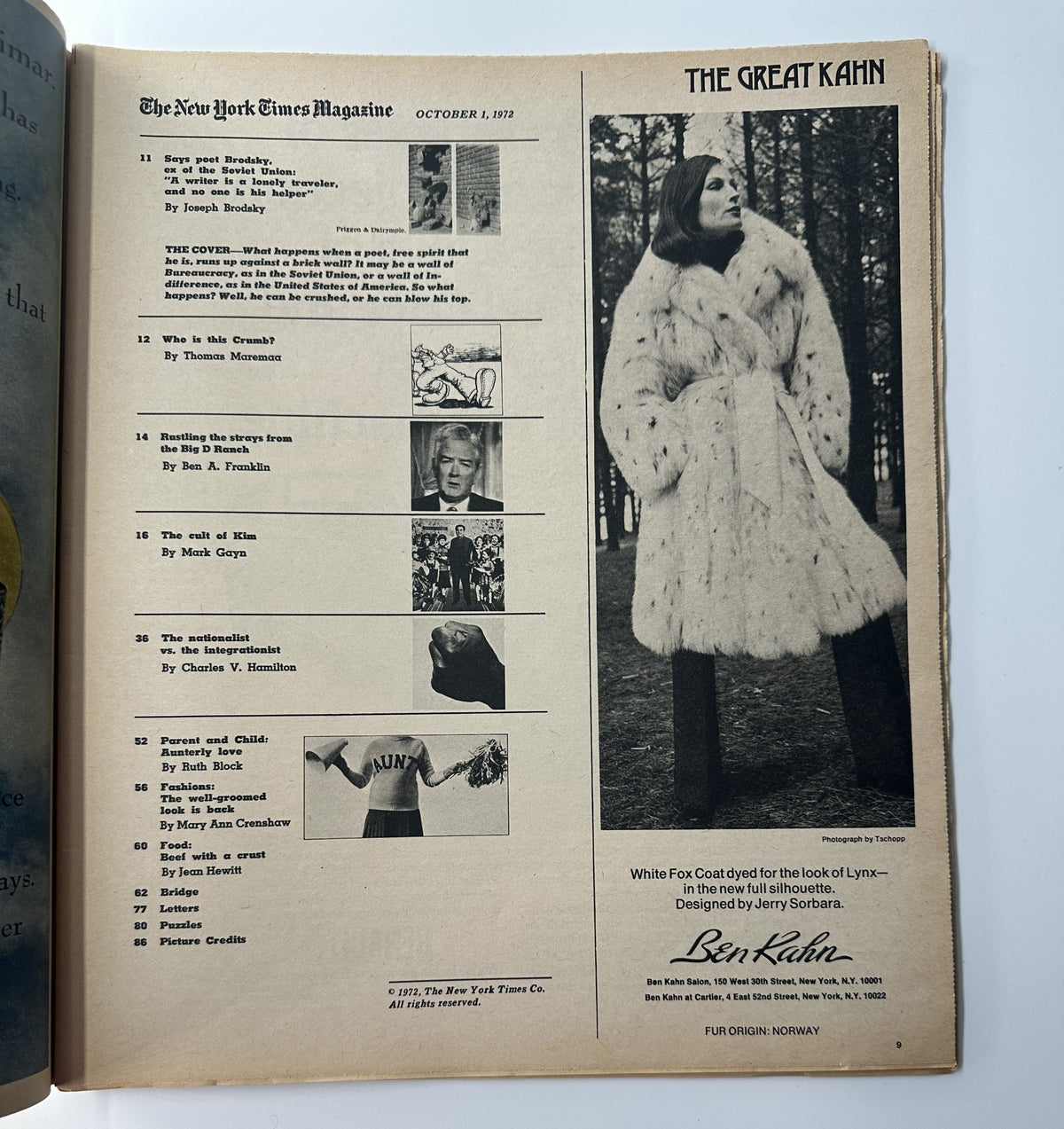 Interior of The New York Times Magazine October 1, 1972, displaying the Table of Contents including articles by notable writers, and a fashion segment titled "The Great Kahn" featuring a model in a luxurious fur coat.