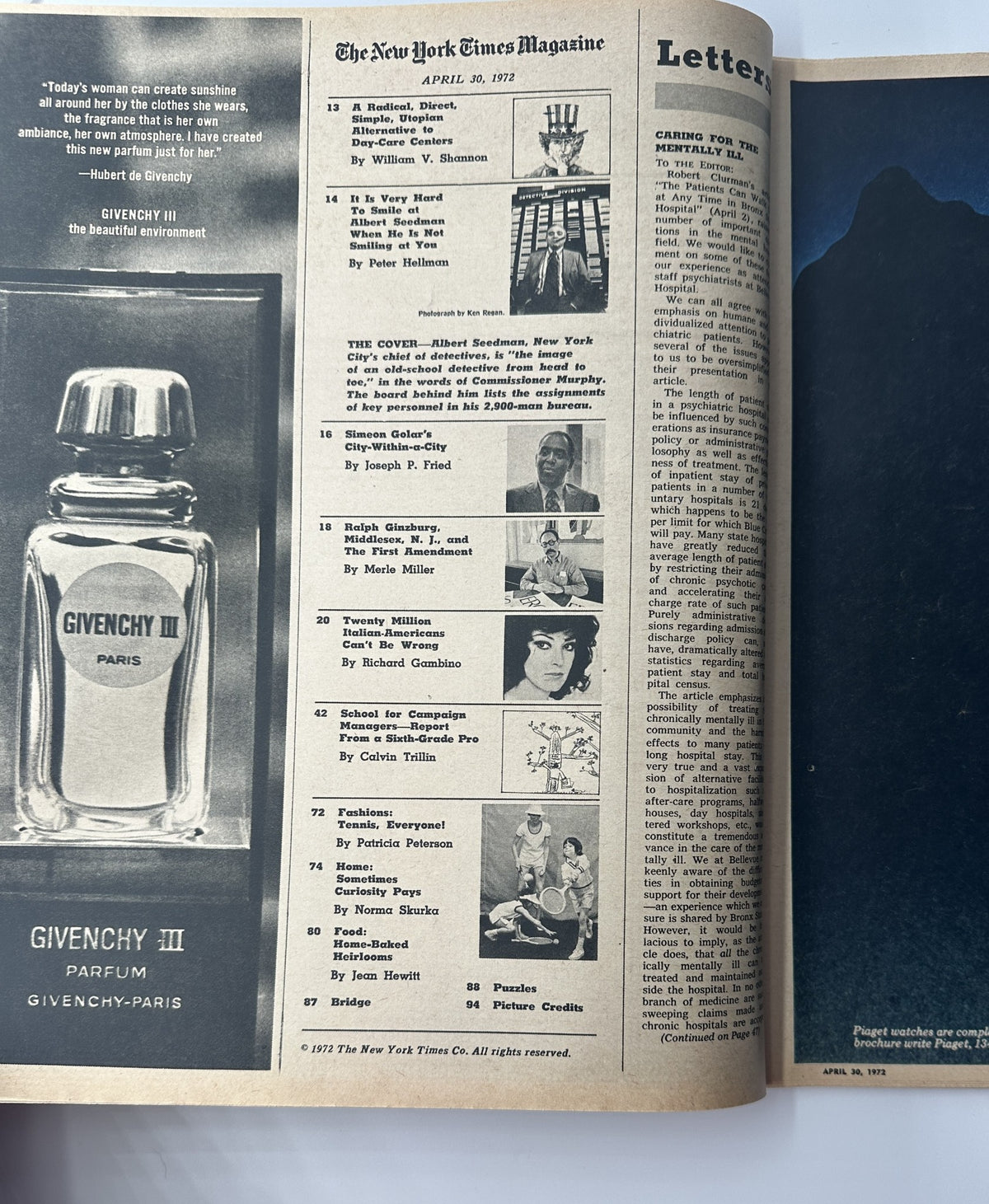 Inside page of The New York Times Magazine, April 30, 1972, showcasing the Table of Contents, including the article about Albert Seedman and various other features and advertisements.