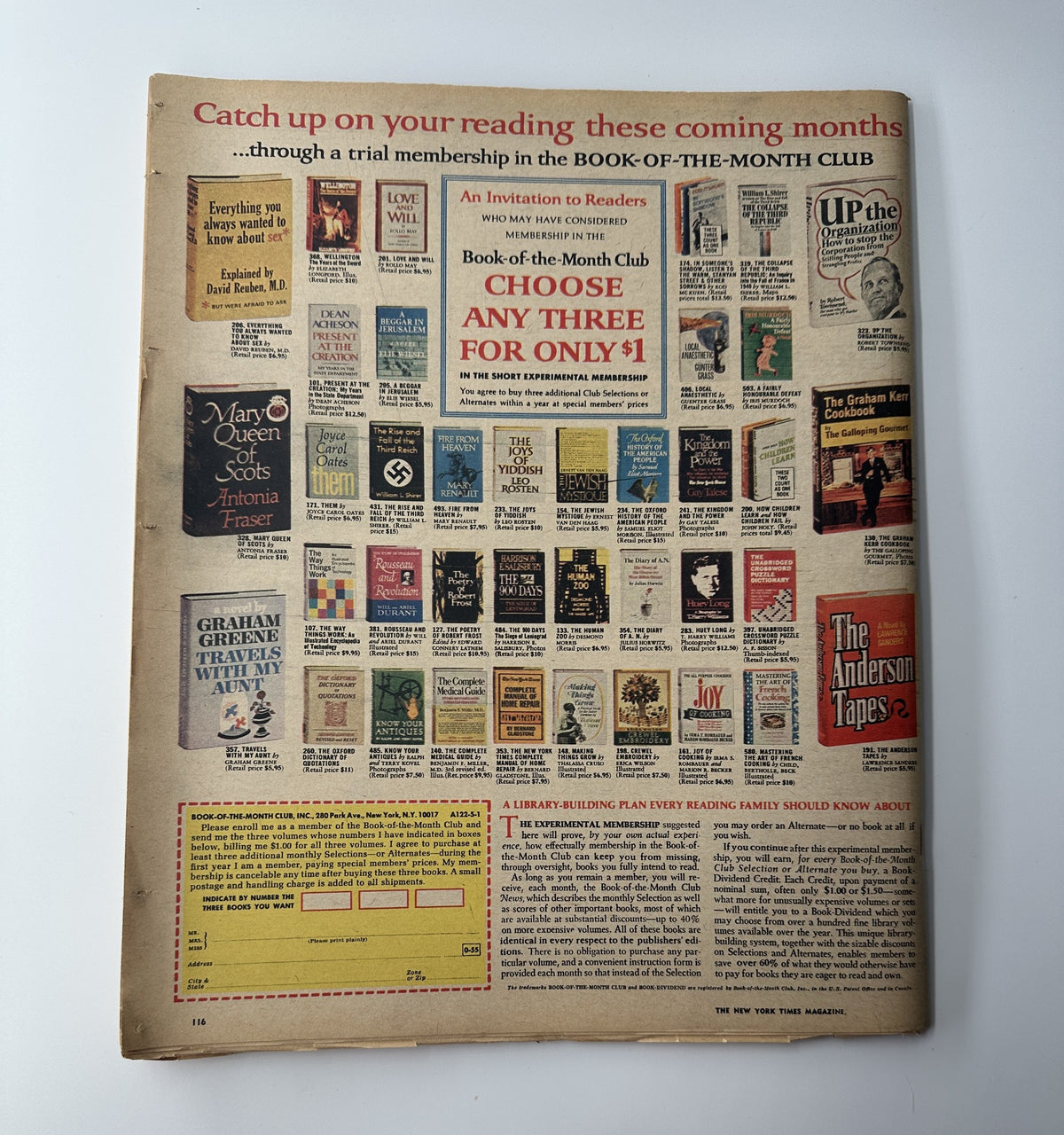Back cover of The New York Times Magazine from May 24, 1970, promoting the Book-of-the-Month Club with various book offers. This magazine includes advertisements relevant to its time.