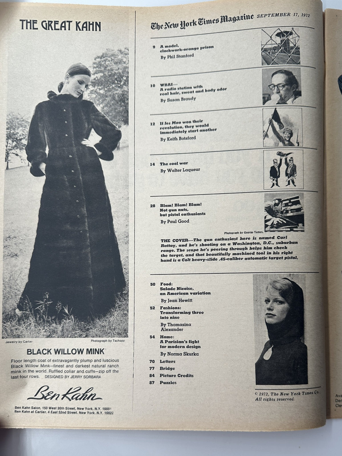 The New York Times Magazine September 17, 1972 cover featuring a model in a black willow mink coat and an article table of contents highlighting topics such as a model, a radio station, and a gun enthusiast, along with striking visuals of fashion and design.