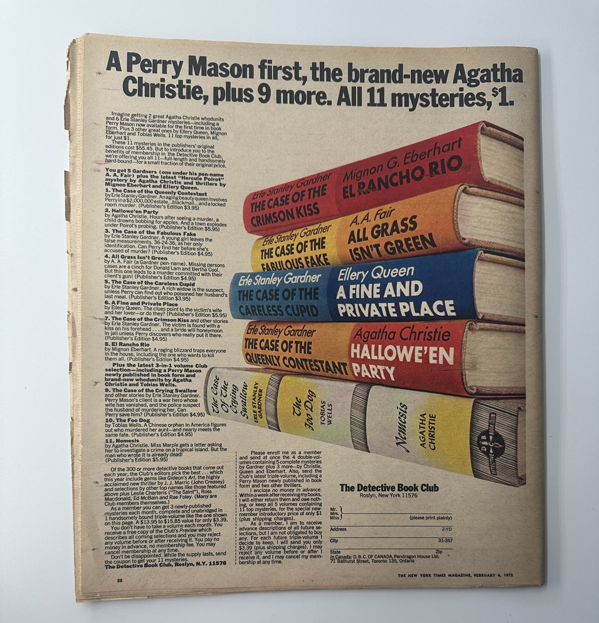 Advertisement page from The New York Times Magazine February 6, 1972 promoting a collection of mystery novels, featuring book titles stacked in colorful arrangement, including 'A Fine and Private Place' and 'The Case of the Queenly Contestant'.