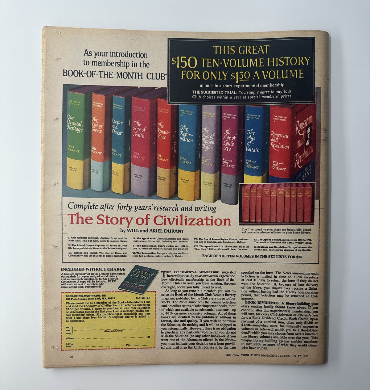The New York Times Magazine December 17, 1972 depicting an advertisement for a Book-of-the-Month Club, promoting 'The Story of Civilization' by Will and Ariel Durant. The image highlights colorful book spines and promotional text.