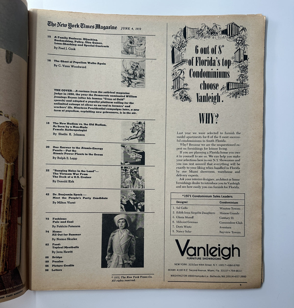 Inside page of The New York Times Magazine from June 4, 1972, showcasing the table of contents with articles and illustrations relevant to the issue.