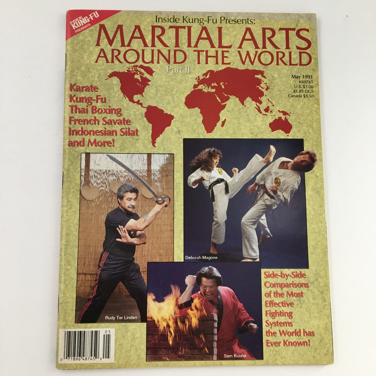 Front cover of Inside Kung-Fu Presents May 1991: Martial Arts Around The World Part 2, highlighting the diversity of martial arts with images of fighters and a map background, emphasizing global martial arts traditions.
