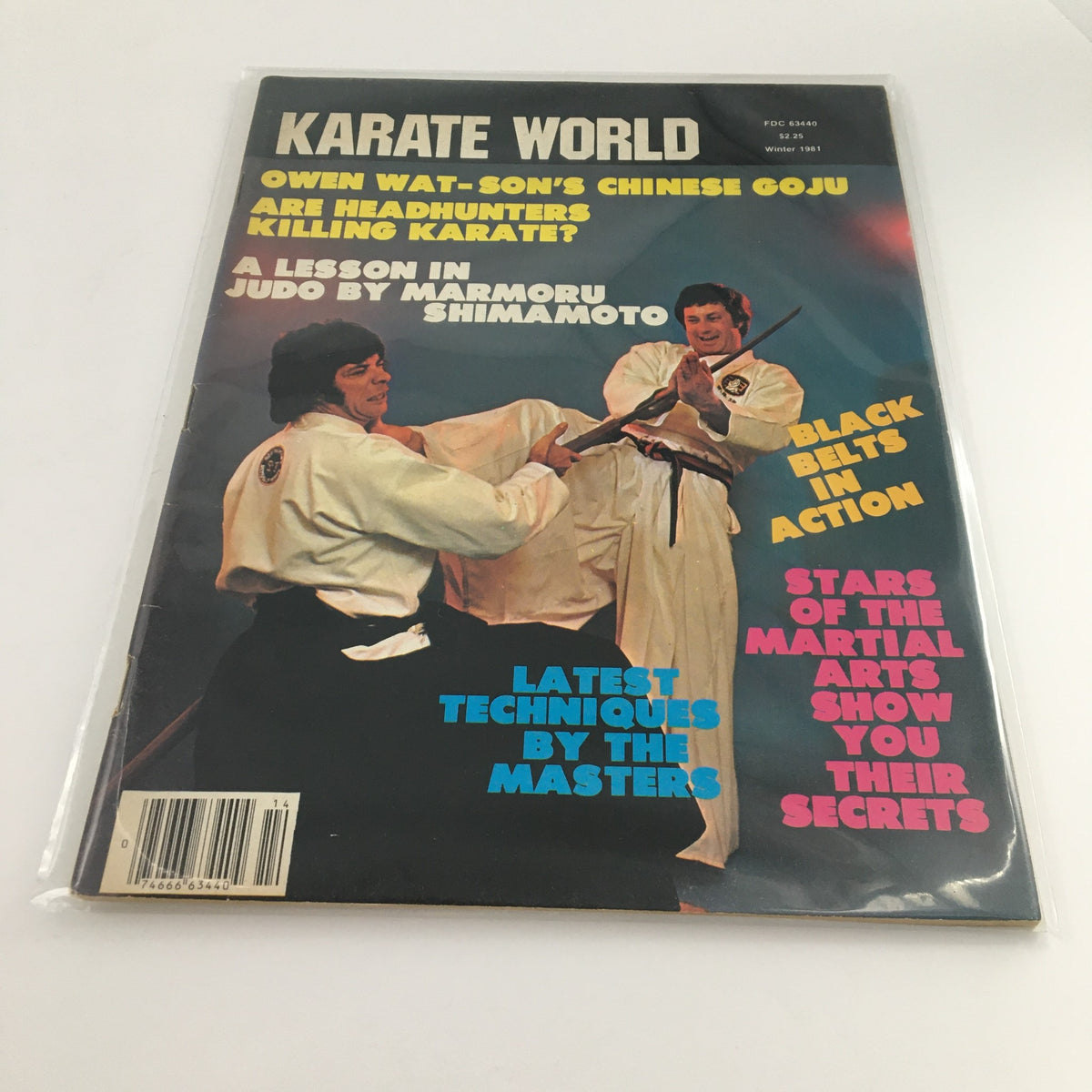Cover of Karate World Magazine Winter 1981 featuring a Judo lesson by Marmoru Shimamoto, showcasing two martial artists in action, alongside colorful text highlighting articles on techniques and black belts.