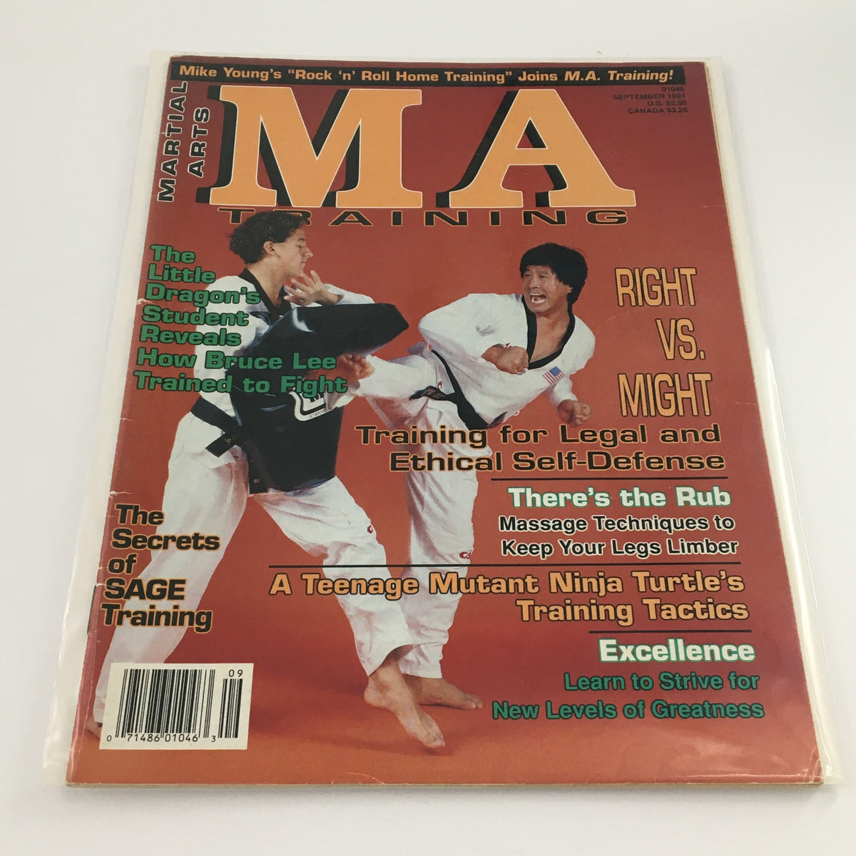 Cover of MA Training Magazine September 1991 featuring 'The Secrets of Sage Training', showcasing martial artists in action and various highlighted articles on training techniques and self-defense.