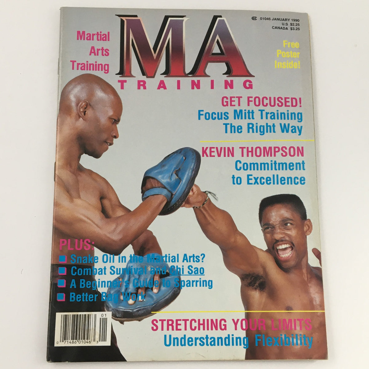 Cover of MA Training Magazine January 1990 featuring focus mitt training techniques, with Kevin Thompson prominently displayed. The magazine highlights various martial arts training topics and offers a nostalgic look back at martial arts culture.